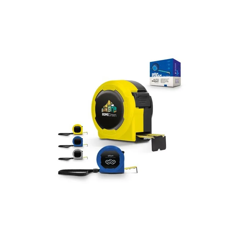 Mètre Ruban Jaune 3m x 16mm en Coque Plastique - Outil Publicitaire Personnalisé Matières : aluminium Couleurs : argenté