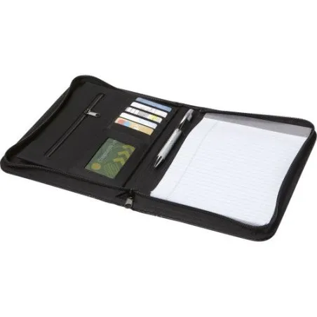 Conférencier zippé personnalisé en PU A5 Therese Matières : polyester Taille textile : M Couleurs : jaune marquage laser ultra p