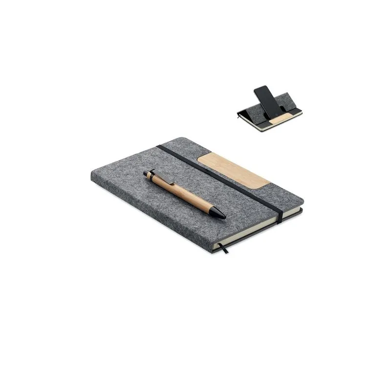 Carnet A5 écologique personnalisé avec stylo - NOTEMIX RPET Matières : coton biologique Taille textile : XS Couleurs : gris sour