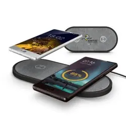 Station de Charge Duo Écologique Sans Fil par Induction - Objets Publicitaires Matières : laiton Couleurs : blanc