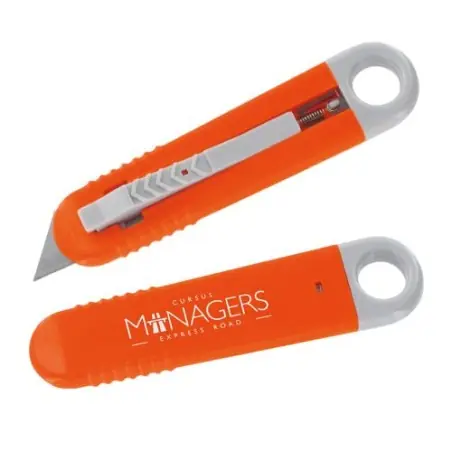 Cutter plastique sécurisé à lame autoretractable personnalisé Matières : bambou goodies entreprise design