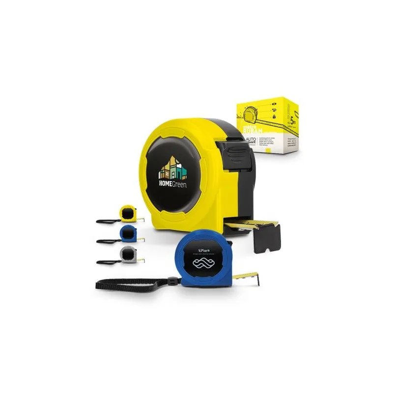 Mètre Ruban Jaune Pratique 5 m x 19 mm en Coque Plastique - Outil Publicitaire Personnalisé Couleurs : rouge personnalisable ave