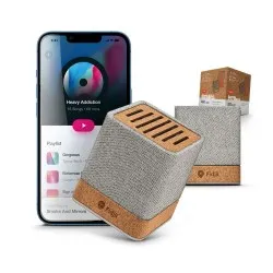Enceinte Bluetooth Sans Fil Écologique en Liège et RPET - Personnalisée pas cher Matières : PET recyclé Couleurs : gris foncé