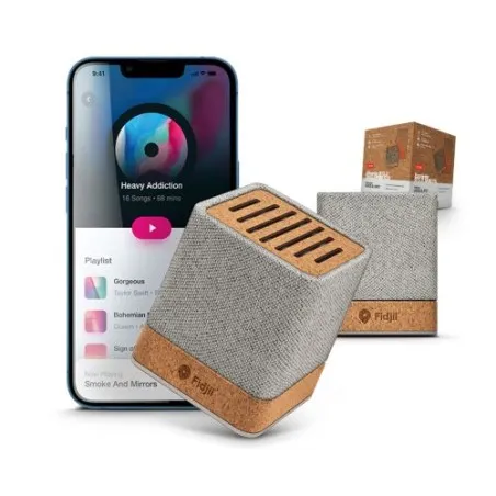 Enceinte Bluetooth Sans Fil Écologique en Liège et RPET - Personnalisée pas cher Matières : PET recyclé Couleurs : gris foncé