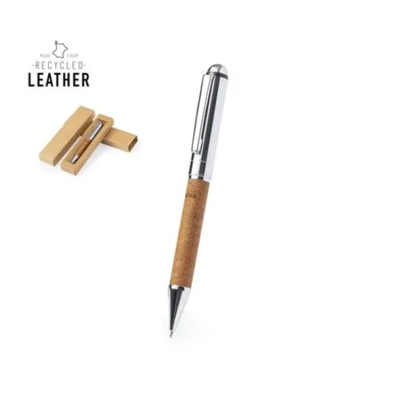 Stylo personnalisé en métal chromé et cuir recyclé pratique - Rayulk Matières : silicone Couleurs : noir