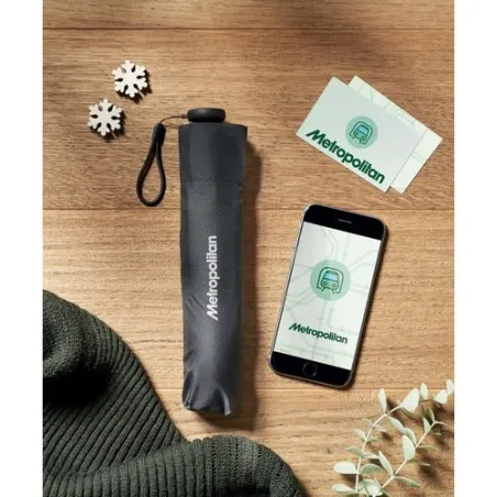 Parapluie pliant ultra léger personnalisé MINIBRELLA Matières : bambou Couleurs : bois impression haute définition