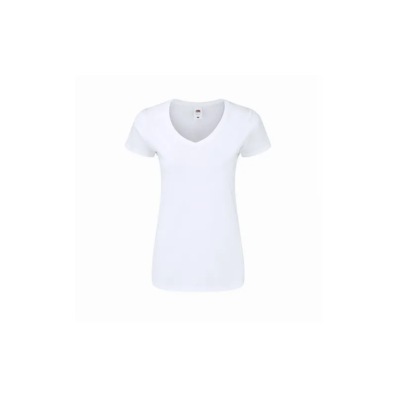 T-Shirt Femme Blanc V-Neck Confort et Style Personnalisé Iconic Matières : coton recyclé Couleurs : bleu personnalisable avec vo