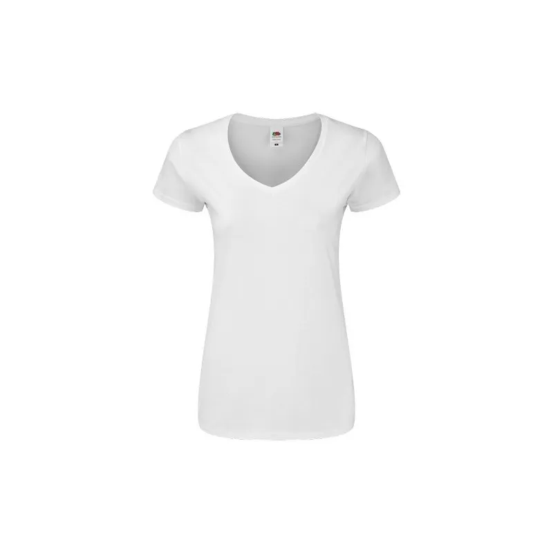 T-Shirt Femme Blanc V-Neck Confort et Style Personnalisé Iconic Matières : coton recyclé Couleurs : bleu marquage couleur éclata