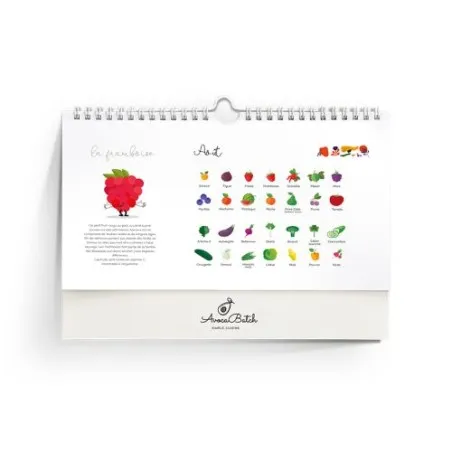Calendrier Personnalisé Éco-Responsable des Fruits et Légumes de Saison Matières : PET recyclé Couleurs : raisin impression haut