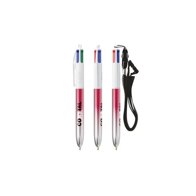 Stylos Bicolor 4 Couleurs® Personnalisés avec Lanière - BIC® Matières : aluminium recyclé  Couleurs : noir cadeau entreprise pas