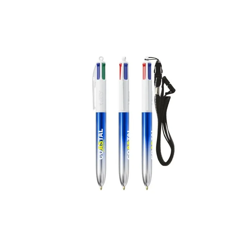 Stylos Bicolor 4 Couleurs® Personnalisés avec Lanière - BIC® Matières : aluminium recyclé  Couleurs : noir marquage couleur écla