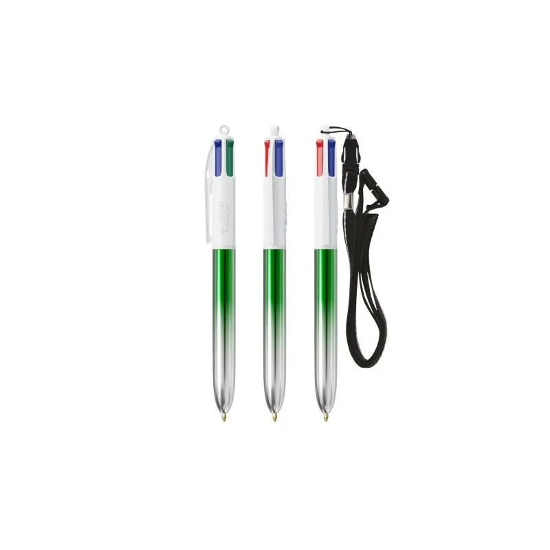 Stylos Bicolor 4 Couleurs® Personnalisés avec Lanière - BIC® Matières : plastique Couleurs : blanc impression logo haute qualité