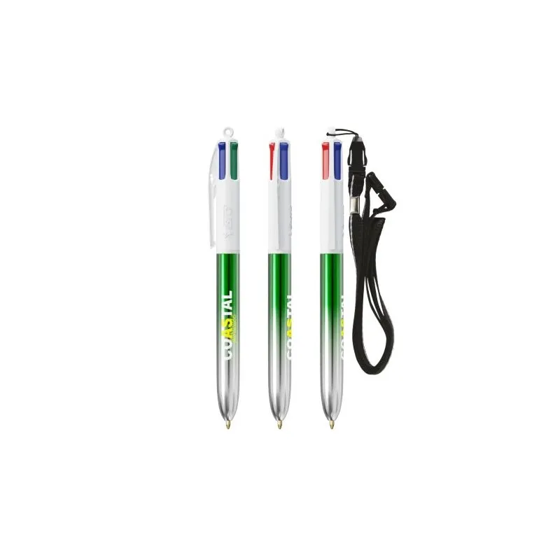 Stylos Bicolor 4 Couleurs® Personnalisés avec Lanière - BIC® Matières : plastique Couleurs : blanc cadeau affaires élégant