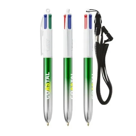 Stylos Bicolor 4 Couleurs® Personnalisés avec Lanière - BIC® Matières : plastique Couleurs : blanc cadeau affaires élégant