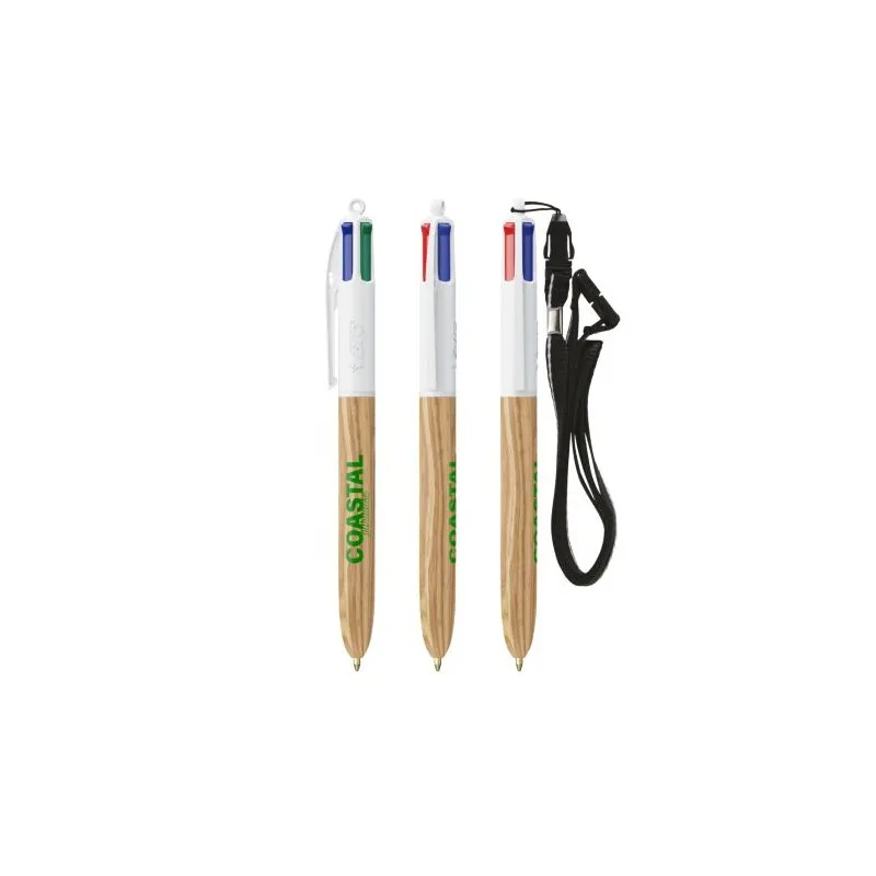 Stylo Écologique 4 Couleurs en Bois avec Lanière BIC® Matières : polyester Couleurs : rouge impression haute définition
