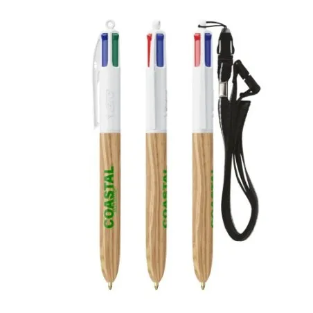 Stylo Écologique 4 Couleurs en Bois avec Lanière BIC® Matières : polyester Couleurs : rouge impression haute définition