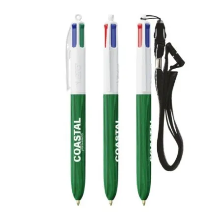 Stylo Écologique 4 Couleurs en Bois avec Lanière BIC® Matières : PU Couleurs : bleu marine personnalisation sur mesure