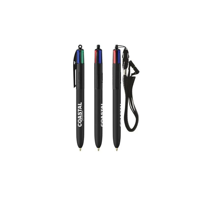 Stylo personnalisé multicouleurs avec lanyard BIC® 4 Couleurs Soft Matières : bois Couleurs : olive cadeau affaires élégant