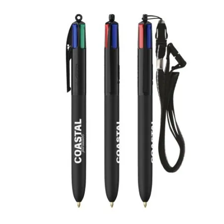 Stylo personnalisé multicouleurs avec lanyard BIC® 4 Couleurs Soft Matières : bois Couleurs : olive cadeau affaires élégant