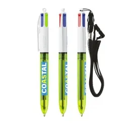 Stylo bille fluo personnalisé 4 couleurs avec lanyard BIC® Matières : bambou Couleurs : vert