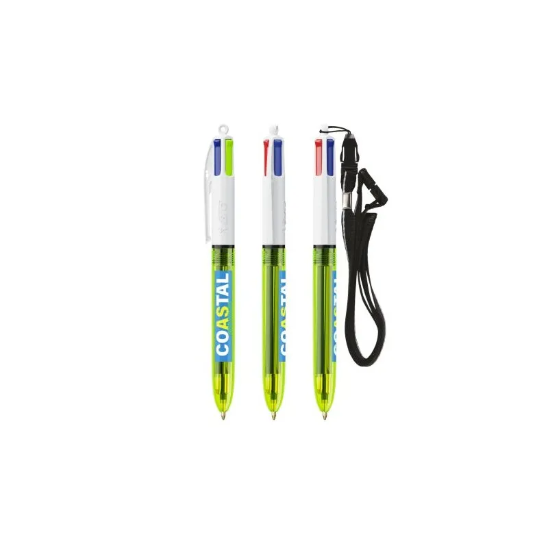 Stylo bille fluo personnalisé 4 couleurs avec lanyard BIC® Matières : bambou Couleurs : vert