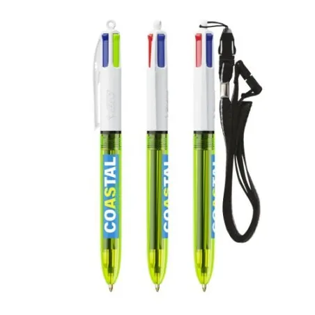 Stylo bille fluo personnalisé 4 couleurs avec lanyard BIC® Matières : bambou Couleurs : vert