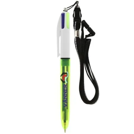 Stylo bille fluo personnalisé 4 couleurs avec lanyard BIC® Matières : bambou Couleurs : vert livraison express 24h 48h