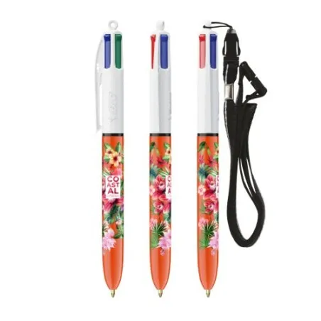 Stylo publicitaire 4 couleurs fluo à bille avec lanyard - BIC® Matières : acier inoxydable Couleurs : blanc Contenance : 500 ml