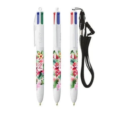 Stylo Bille Personnalisé 4 Couleurs Écologique avec Lanyard - BIC® Matières : PVC Couleurs : bleu clair marquage laser ultra pré