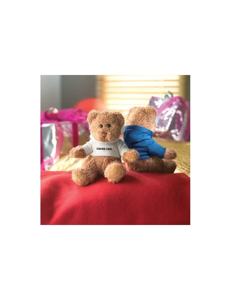 Ours en peluche personnalisé avec t-shirt - JOHNNY Matières : coton Taille textile : S Couleurs : bleu marine foncé personnalisa