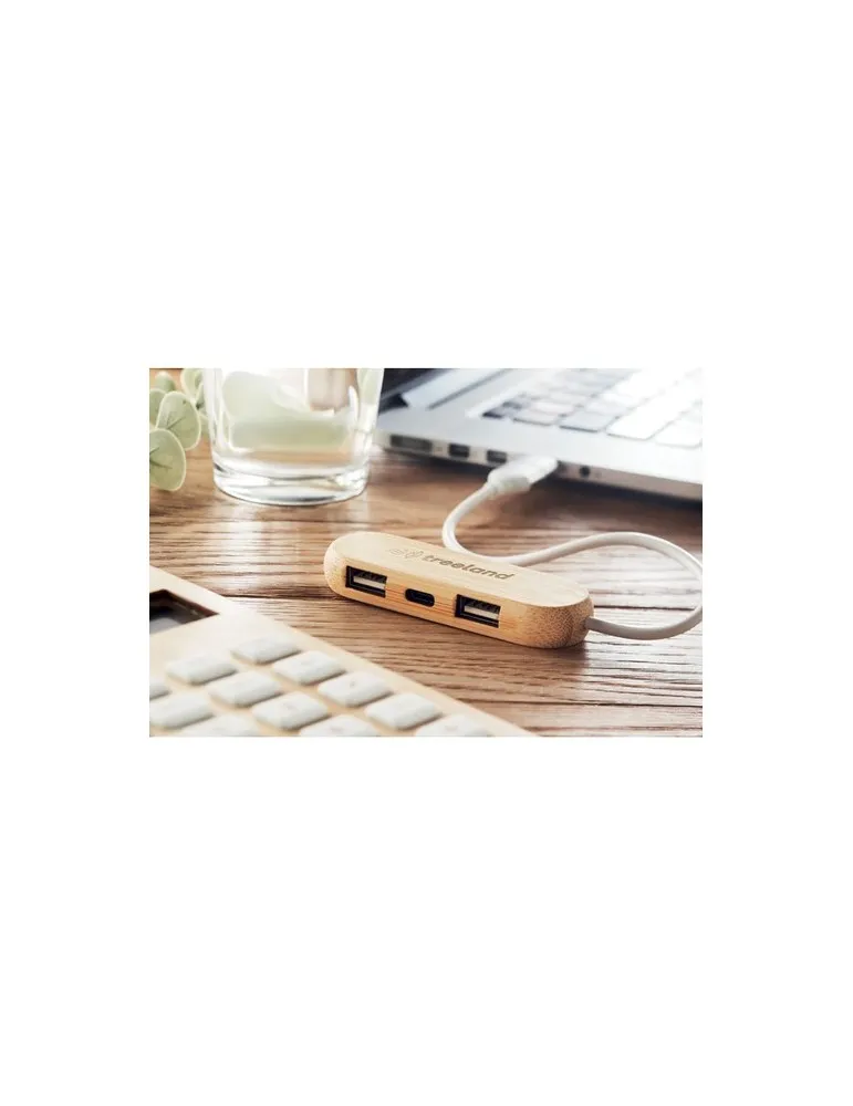 Hub USB Écologique Personnalisé 3 Ports 2 en 1 - VINA C Matières : bambou personnalisable avec votre logo
