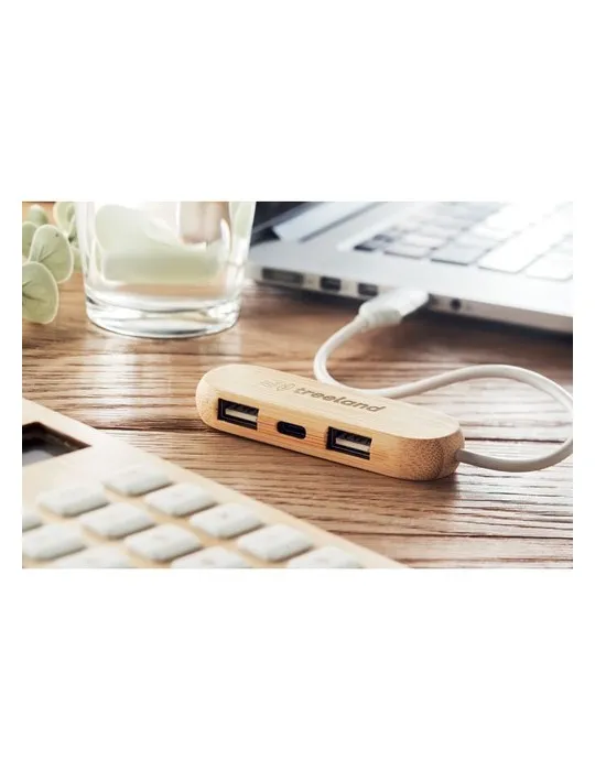 Hub USB Écologique Personnalisé 3 Ports 2 en 1 - VINA C Matières : bambou personnalisable avec votre logo
