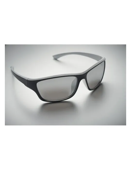 Lunettes de sport miroir UV400 personnalisées YUMA Matières : PET recyclé Couleurs : noir objet publicitaire robuste