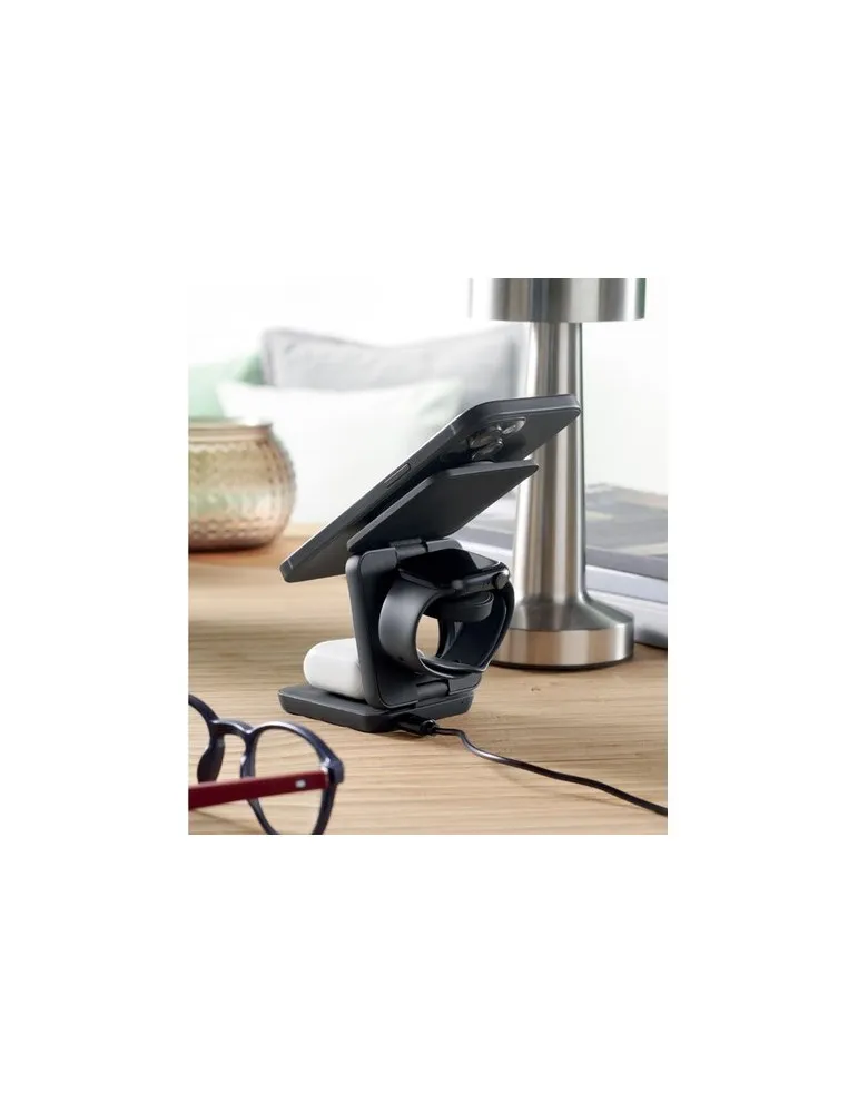 Station de charge pliable 3en1 publicitaire NETICA Matières : plastique Couleurs : blanc impression haute définition