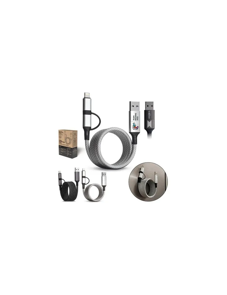 CABLE DE CHARGE 6 EN 1 A ENROULEMENT MAGNETIQUE personnalisable avec votre logo