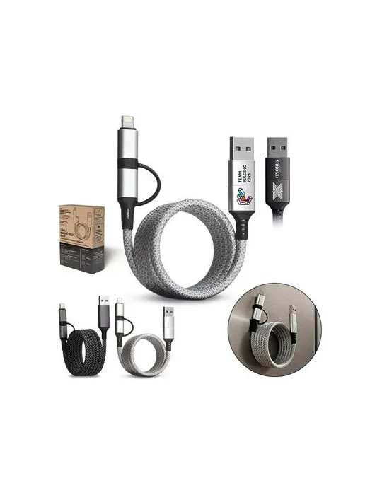 CABLE DE CHARGE 6 EN 1 A ENROULEMENT MAGNETIQUE personnalisable avec votre logo