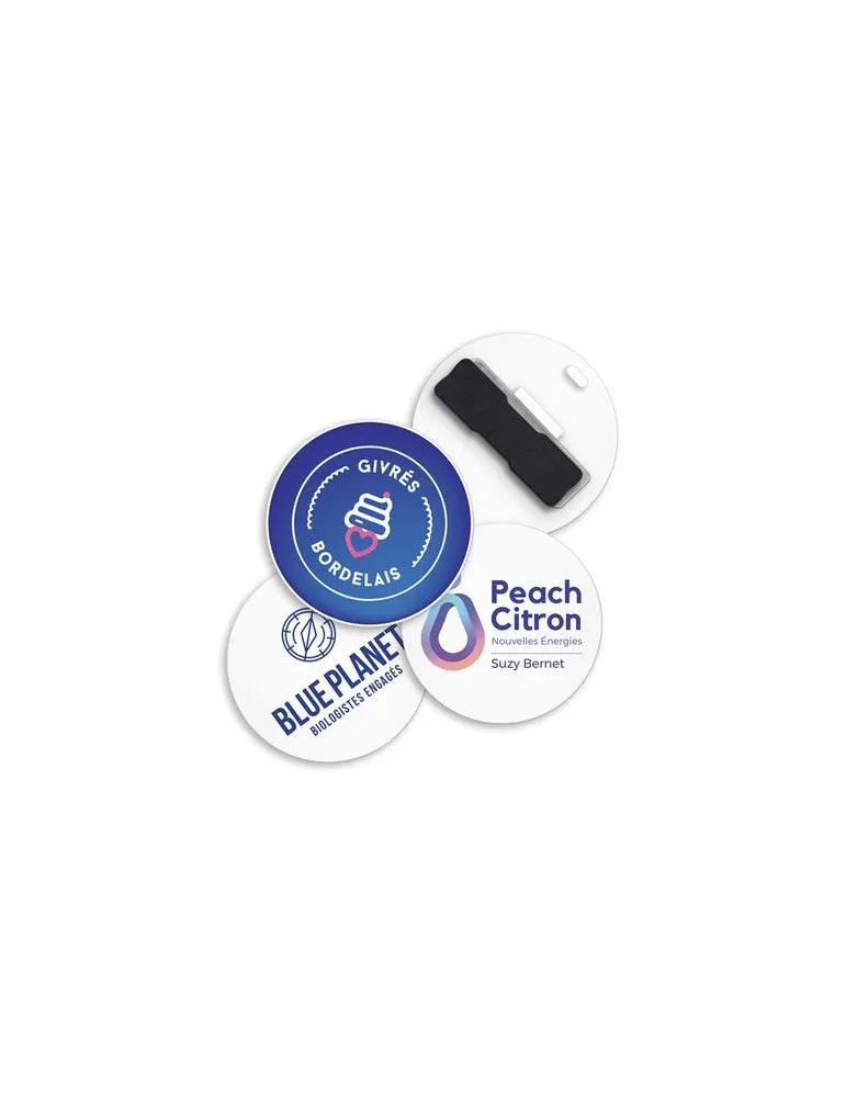 BADGE PLASTIQUE (PS) ROND Ø55 mm AVEC AIMANT