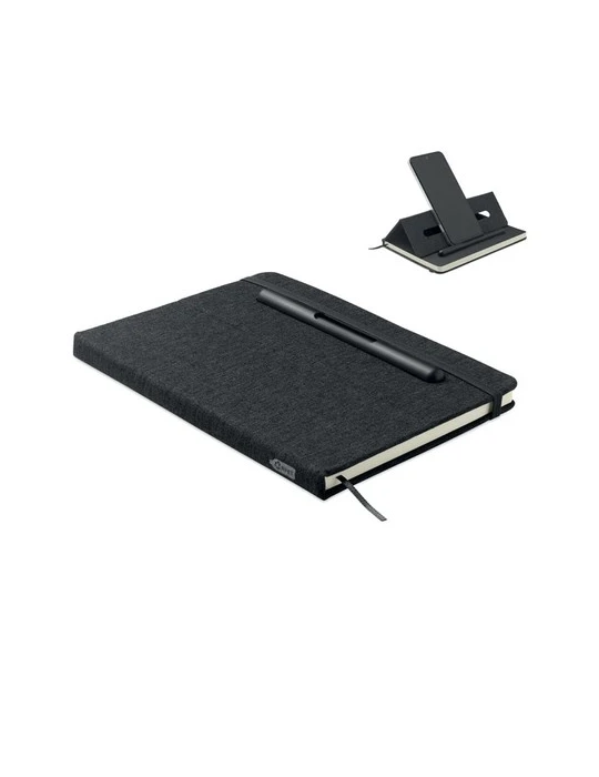 RINBOOK Cahier A5 support de téléphone Matières : papier recyclé Couleurs : noir personnalisable avec votre logo
