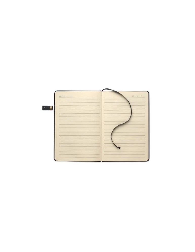 USBNOTE Carnet A5 avec USB intégrée Matières : papier recyclé Couleurs : noir personnalisable avec votre logo