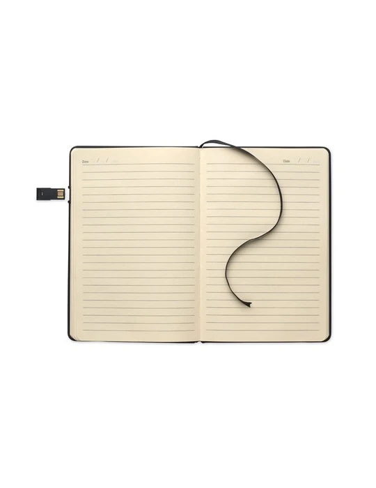 USBNOTE Carnet A5 avec USB intégrée Matières : papier recyclé Couleurs : noir personnalisable avec votre logo