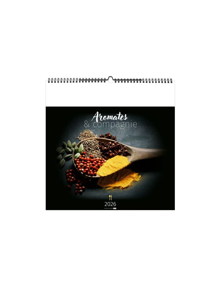 AROMATES ET COMPAGNIE 2026 - SMALL 330 x 330 mm - MARQUAGE 1 COULEUR - RELIURE BAGUETTE marquage laser ultra précis