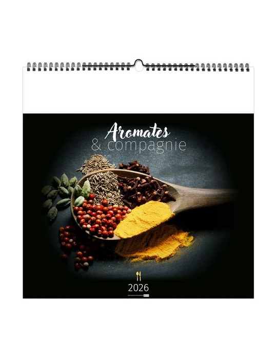 AROMATES ET COMPAGNIE 2026 - SMALL 330 x 330 mm - MARQUAGE 1 COULEUR - RELIURE BAGUETTE marquage laser ultra précis