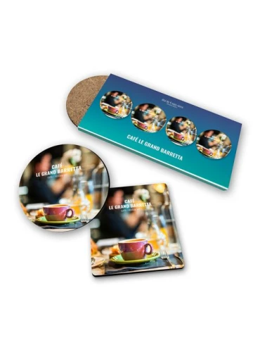 SET DE 4 SOUS-VERRE CARRES COINS ARRONDIS 95 x 95 mm - BOIS FIBRE DURE 3 mm - SOUS ETUI QUADRI 380g SATIMAT PELLICULAGE BRILLANT