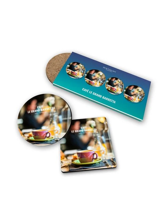 SET DE 4 SOUS-VERRE CARRES COINS ARRONDIS 95 x 95 mm - BOIS FIBRE DURE 3 mm - SOUS ETUI QUADRI 380g SATIMAT PELLICULAGE BRILLANT