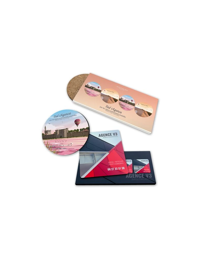 SET DE 4 SOUS-VERRE CARRES COINS ARRONDIS 95 x 95 mm - BOIS FIBRE DURE 3 mm - SOUS ETUI QUADRI 380g SATIMAT PELLICULAGE BRILLANT