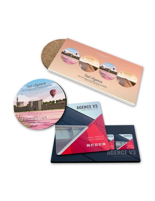 SET DE 4 SOUS-VERRE CARRES COINS ARRONDIS 95 x 95 mm - BOIS FIBRE DURE 3 mm - SOUS ETUI QUADRI 380g SATIMAT PELLICULAGE BRILLANT