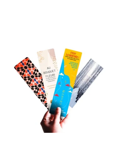 MARQUE-PAGES - 50X200 MM - 380G SATIMAT - IMPRESSION QUADRI RECTO SEUL - PELLICULAGE BRILLANT RECTO SEUL