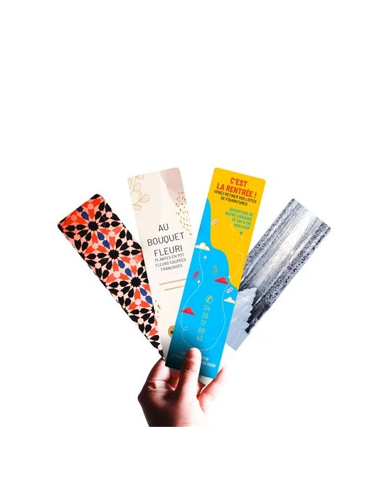 MARQUE-PAGES - 50X200 MM - 380G SATIMAT - IMPRESSION QUADRI RECTO SEUL - PELLICULAGE BRILLANT RECTO SEUL