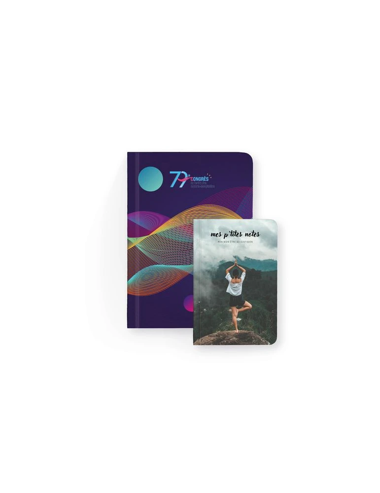 NOTEBOOK DOS CARRE COLLE - MIDI 150 x 210 mm - COUVERTURE 380g SATIMAT AVEC PELLICULAGE BRILLANT PAGES 1 ET 4 - BLOC INTERIEUR D