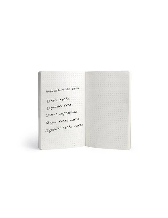 NOTEBOOK DOS CARRE COLLE - MIDI 150 x 210 mm - COUVERTURE 380g SATIMAT AVEC PELLICULAGE BRILLANT PAGES 1 ET 4 - BLOC INTERIEUR D